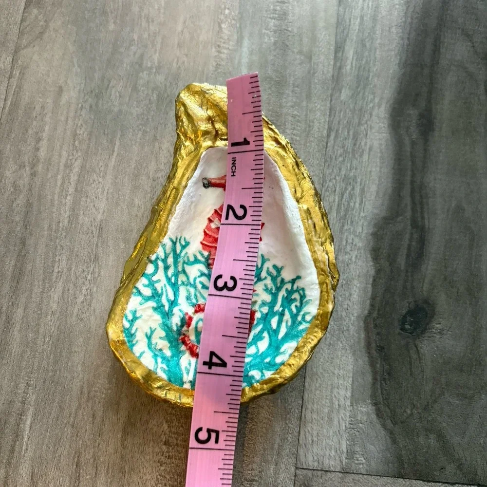 Oyster Shell RING DISH Hand‎ painted gold edges pink Coastal Print Seahorse